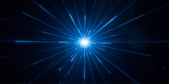 Glowing blue starburst in dark space, abstract futuristic hyperdrive or big bang explosion background.