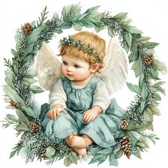 Obraz premium Serene Christmas angel in a wreath of branches in watercolor