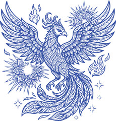 Fototapeta premium Ornate Phoenix Line Art Illustration – Blue Mandala Mythical Firebird Vector with Cosmic Sun and Flame Elements