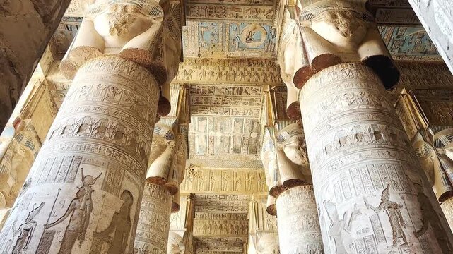 Beautiful vaults and bas-reliefs in the ancient temple complex of Dendera, Qena, Egypt.