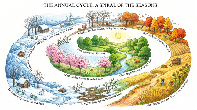 Illustration of the annual cycle showing the progression of seasons in nature