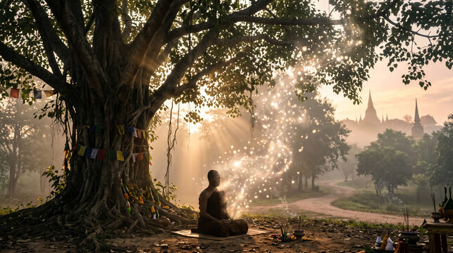 Monk meditating under ancient tree with spiritual light and distant temples