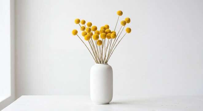 A minimalist arrangement of vibrant yellow billy ball flowers standing in a simple white ceramic.