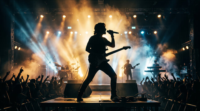 Silhouette of a rock band performing live on stage with energetic crowd cheering