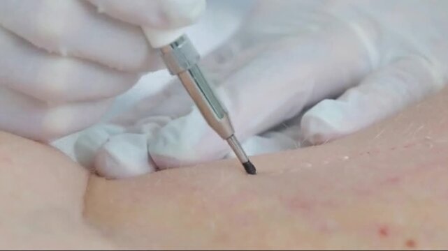 Close up video of dermatologist using dermoscope pen on skin clinical 4K footage
