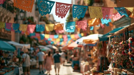 Fototapeta premium Artisan market parade captured in medium shot emphasizing colorful paper decorations in focus with a gently defocused pedestrian alley filled with bustling stalls under warm