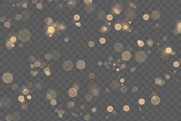 Sparkling golden particles, glowing bokeh lights isolated on dark transparent background