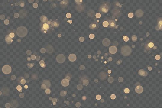 Sparkling golden particles, glowing bokeh lights isolated on dark transparent background