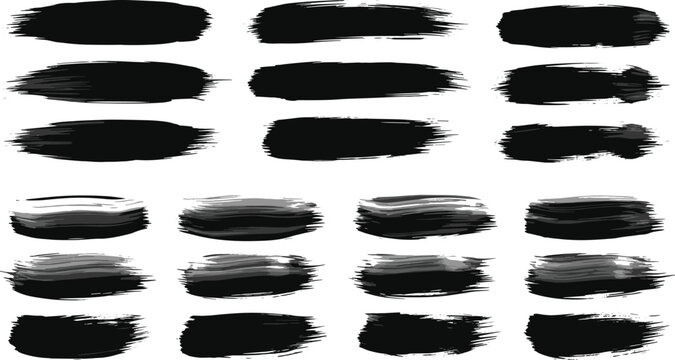 Black Grunge Brush Stroke Collection with Abstract Ink Paint Smears, Distressed Artistic Texture Elements, and Dry Brush Vector Design Set