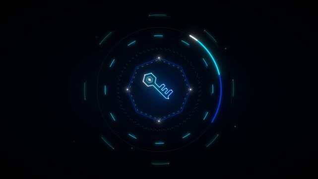 Futuristic digital key glowing with neon blue light within a circular HUD interface on a dark background