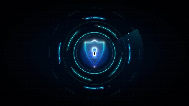 Glowing shield and padlock within a hexagonal grid and neon circles representing advanced digital security and protection