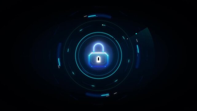 Secure digital access concept with a luminous blue padlock in a futuristic circular data interface background
