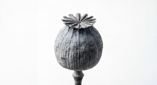 A solitary dried opium poppy pod captured in macro detail against a clean and bright white backdrop.