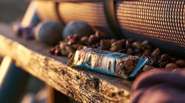 Medium shot of a protein snack bar wrapper in sharp focus on a rustic wooden shelf surrounded by blurred trail mix climbing chalk and a yoga mat in warm golden hour light.