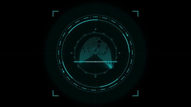 Futuristic digital fingerprint scanner interface with cyan glowing lines on black background