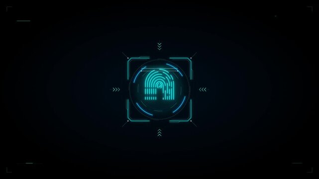 Futuristic digital interface with a glowing teal fingerprint symbol and arrows inside a square HUD