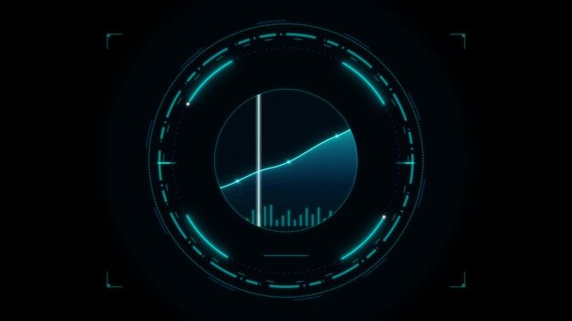 Advanced digital interface with a rising line graph and bar chart inside a circular HUD on a dark background