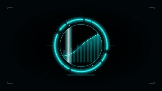 Futuristic circular data visualization with a rising bar graph and line chart in cyan on black