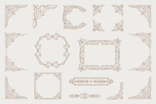 Decorative vintage frame border collection featuring ornate corner flourishes floral patterns swirl motifs isolated on light beige background.