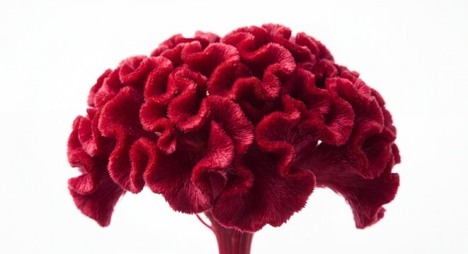 A vibrant macro photograph of a singular, deep crimson cockscomb flower against a white background.