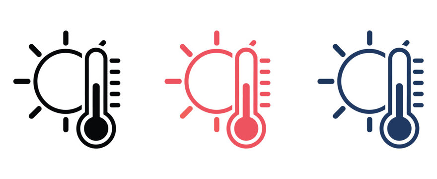 Sun and Thermometer Icon Set with temperature measurement symbols, summer heat graphics, and weather forecast elements in clean modern vector illustration style isolated on a white background.