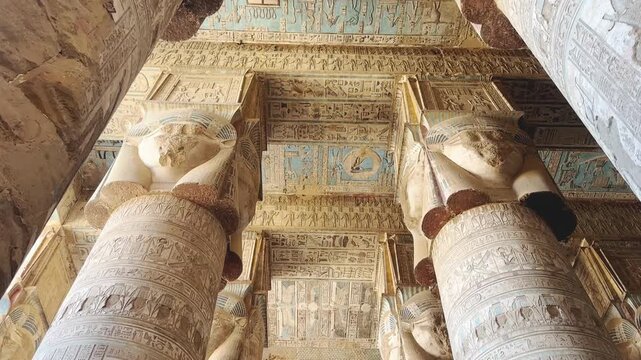Beautiful vaults and bas-reliefs in the ancient temple complex of Dendera, Qena, Egypt.
