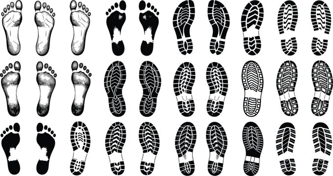 Collection of Human Footprints and Shoe Sole Print Silhouettes with Bare Feet, Walking Tracks, and Grunge Texture Vector Design Elements