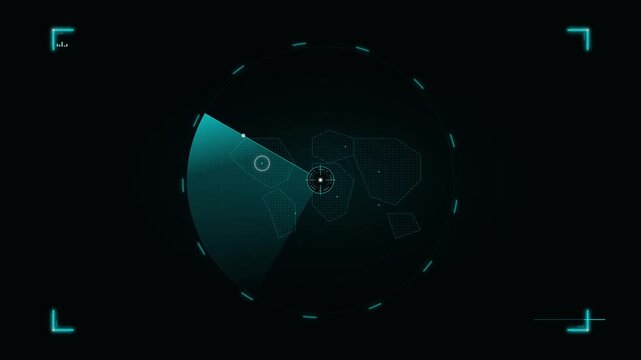 High-tech radar interface with polygonal shapes and a dynamic scanning beam in a dark digital space