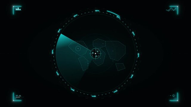 Map on a circular futuristic HUD display with data visualizations and graphs