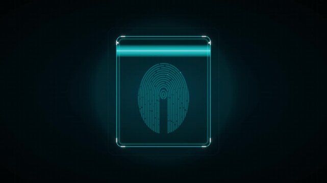 Futuristic digital fingerprint scan interface with glowing cyan accents on a dark background