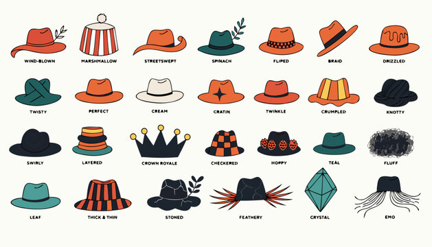 Diverse hand drawn fedora hats icon set in various styles and colors on white background
