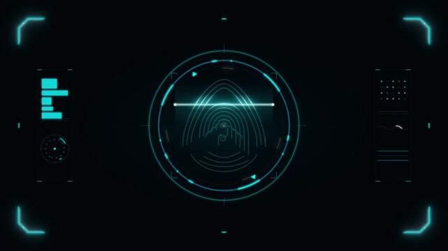 Abstract fingerprint pattern within a futuristic circular scanner with cyan HUD on black