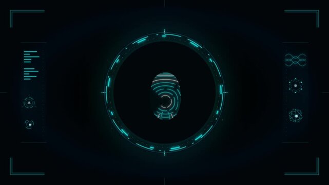 Fingerprint scan interface with glowing cyan biometric data and HUD on a dark background