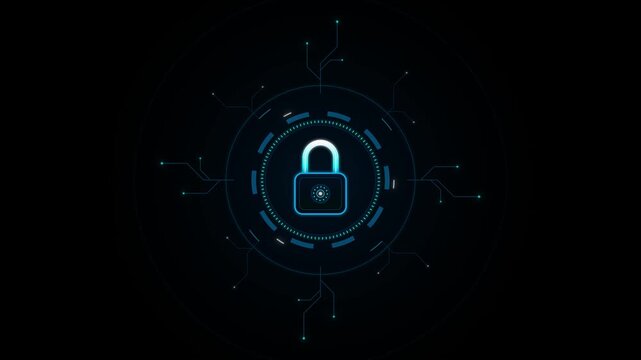 Digital padlock with blue neon outline and geometric circuit pattern on dark background