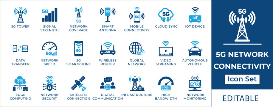 5G network connectivity icon set featuring wireless telecom tower, smart iot devices, high bandwidth speed, satellite broadband, cloud computing, and internet transmission symbols.