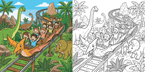  children visiting dinosaur world theme park cartoon clipart and lineart print vector illustration for color coloring book © Avijit