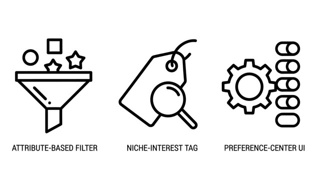 User interface icons for attribute filtering niche interest searching and personal preference management with preference interest settings attribute interface database category magnifying