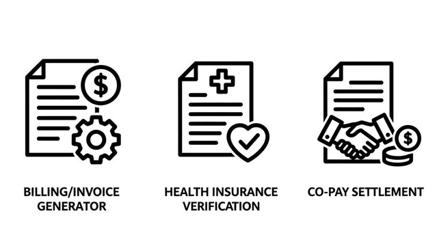 Set of medical and financial billing icons featuring invoice generation insurance verification payment settlement insurance verification settlement healthcare document currency handshake