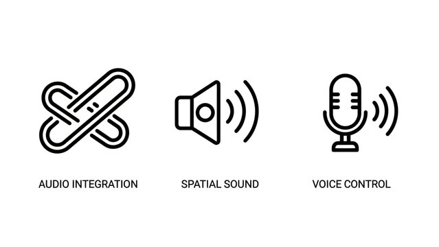 Set of audio and voice control interface icons featuring sound integration spatial audio and microphone input microphone integration communication recognition acoustic recording hardware
