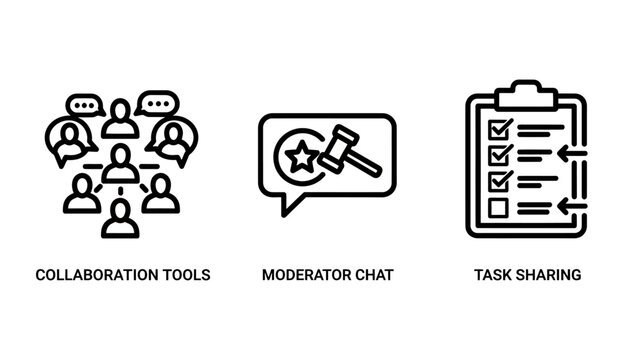 Professional team collaboration and task sharing management icons with collaboration moderator management business workplace teamwork productivity checklist compliance communication planning