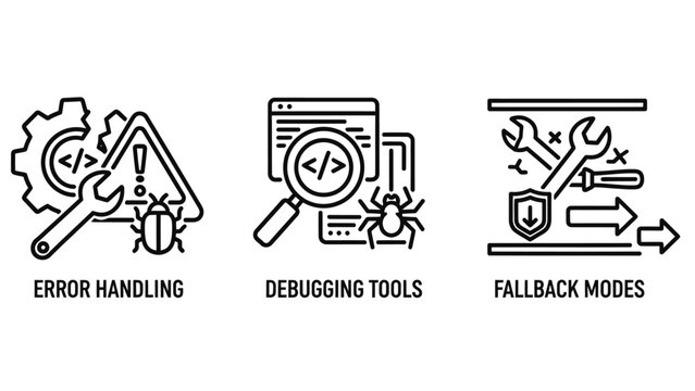 Software development error handling debugging and fallback mode icons with debugging programming software development maintenance interface recovery technical computer application workflow