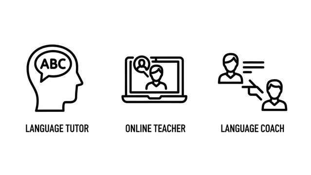 Education icons featuring language tutor online teacher and coaching language education learning alphabet communication instruction training knowledge academic development mentoring