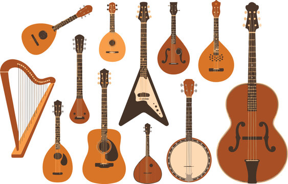 Set of various string musical instruments from different countries on transparency grid background.