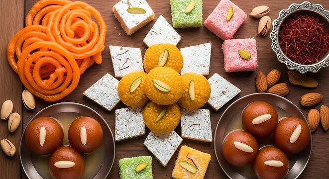 Indian sweets and desserts with nuts on a table