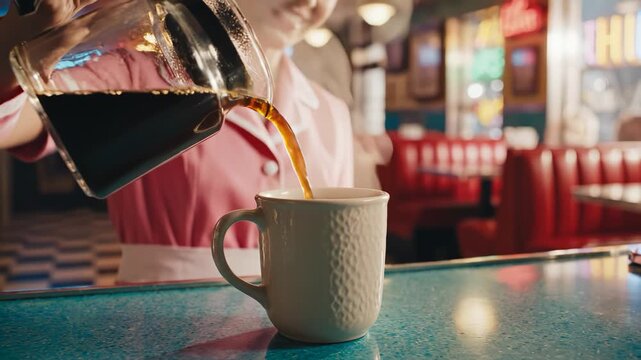 Woman pouring coffee in diner emphasizing sleek aesthetics and strong visual impact