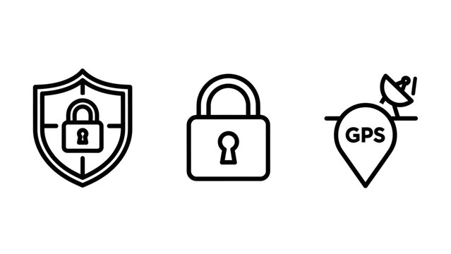 Information security protection and gps location icons with security protection location navigation satellite technology business tracking position authorized monitoring internet