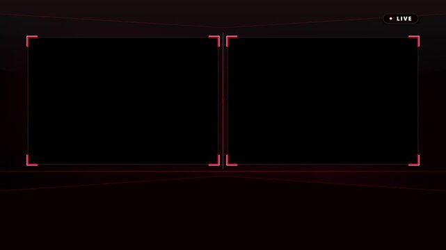 Futuristic dual screen broadcast with red corner markers and live indicator