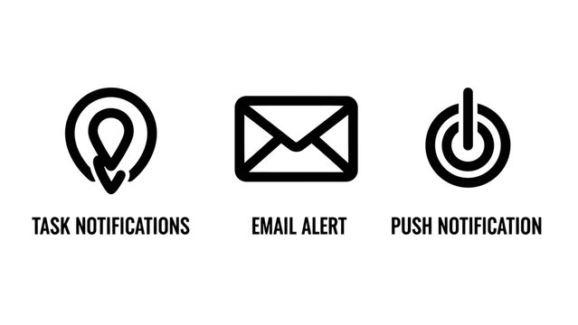 Set of communication icons including task notification marker email alert envelope and push power button notification communication envelope alerting interface software development technology