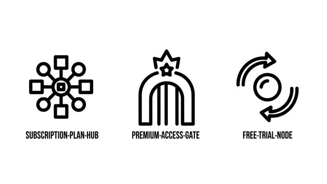 Subscription service icons set featuring connection network hub premium access gate and free trial refresh subscription business connection membership marketing interface database resource