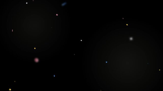 Dark background with scattered geometric starbursts and small colorful dots
